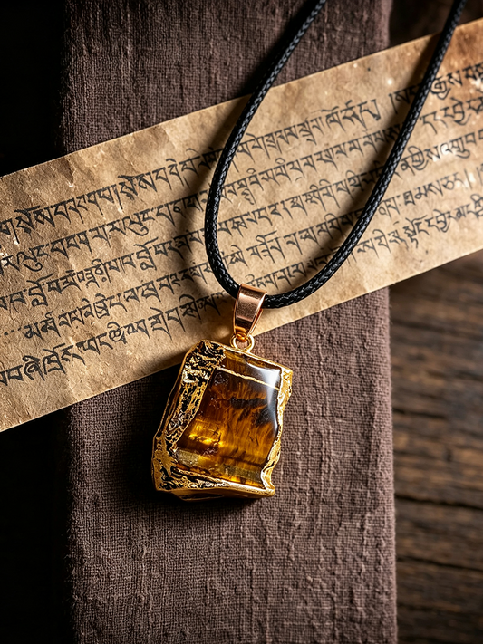 A gold pendant necklace with a polished, irregularly shaped amber-yellow stone, suspended from a black cord, resting on a piece of ancient script paper over a dark brown textured fabric background.
