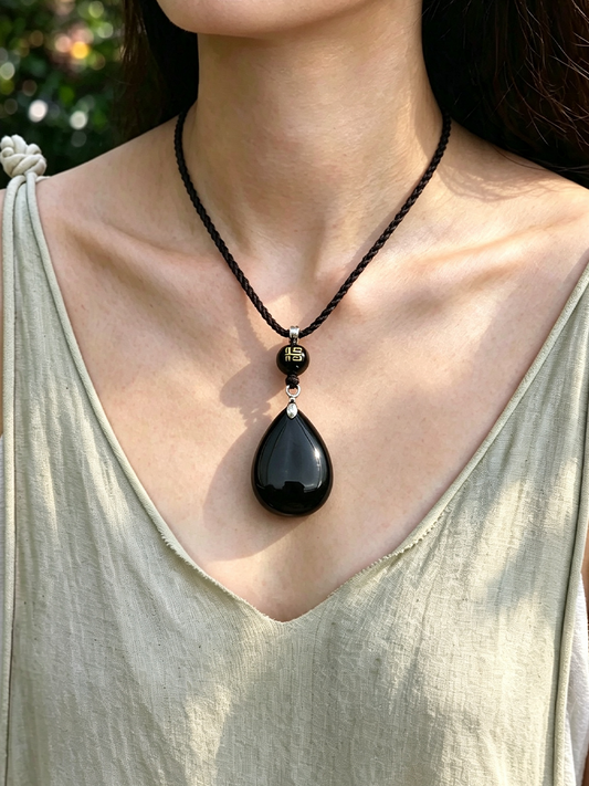 A close-up of a person wearing a black teardrop pendant necklace with a braided cord and a small gold-toned accent bead, paired with a light olive green V-neck top.