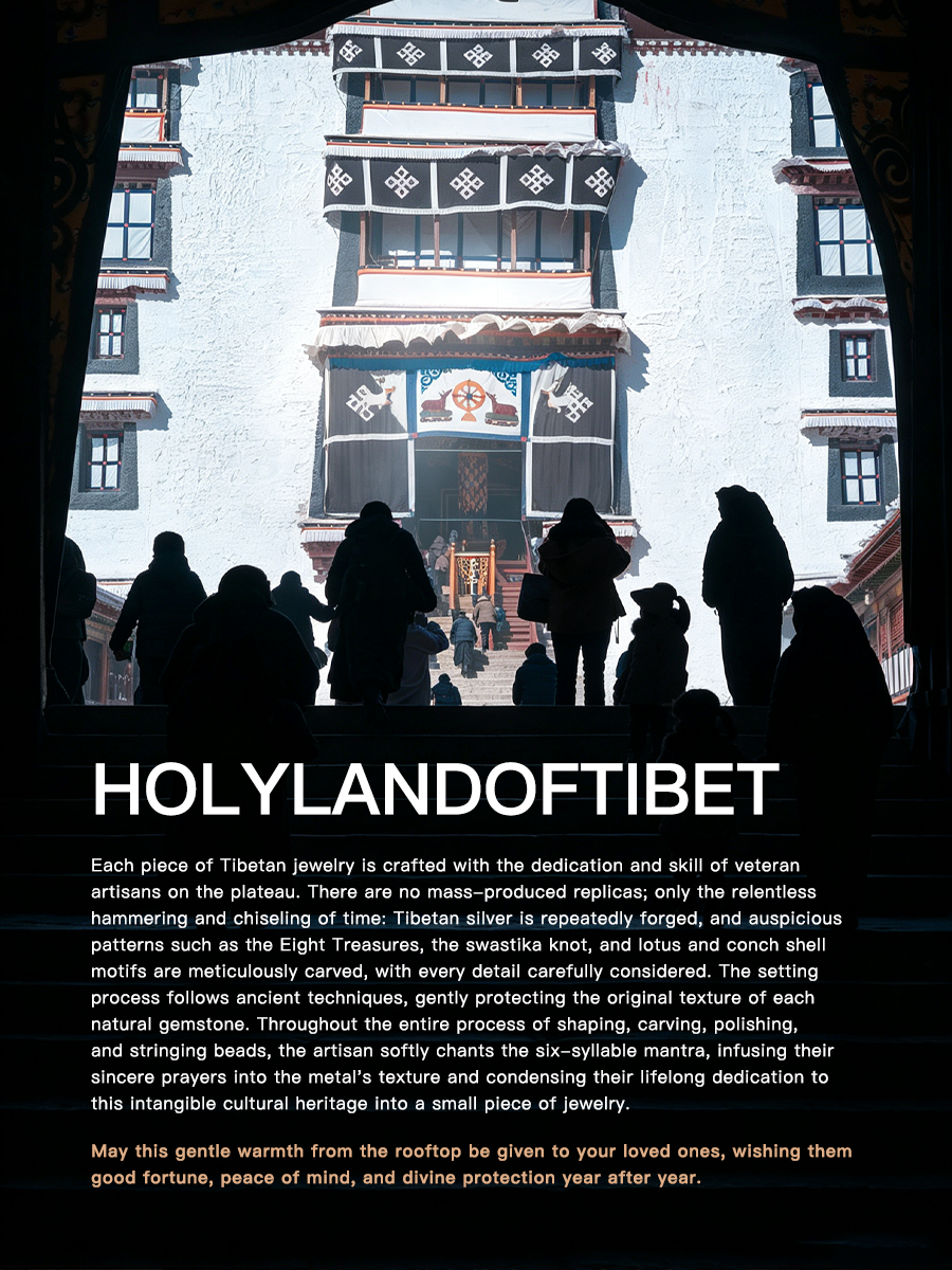 A promotional graphic for HolylandofTibet jewelry, featuring a large Tibetan-style prayer flag structure in the background with silhouettes of people standing in the foreground. The text reads 'HOLYLANDOFTIBET' and provides a description of the jewelry-making process and its spiritual significance.