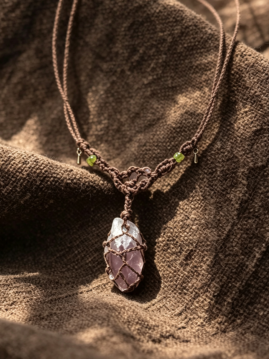 A bohemian-style pendant necklace featuring a brown braided cord and a central faceted crystal pendant wrapped in metal mesh, resting on a textured brown fabric background.