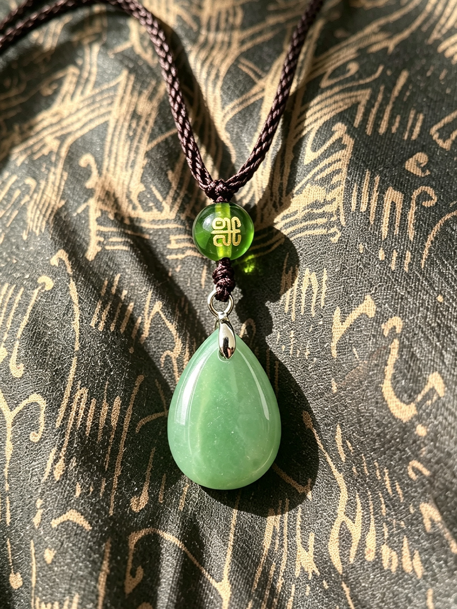 A green jadeite teardrop pendant necklace with a dark brown braided cord and a small green bead featuring a gold Chinese character, displayed on a patterned dark fabric.