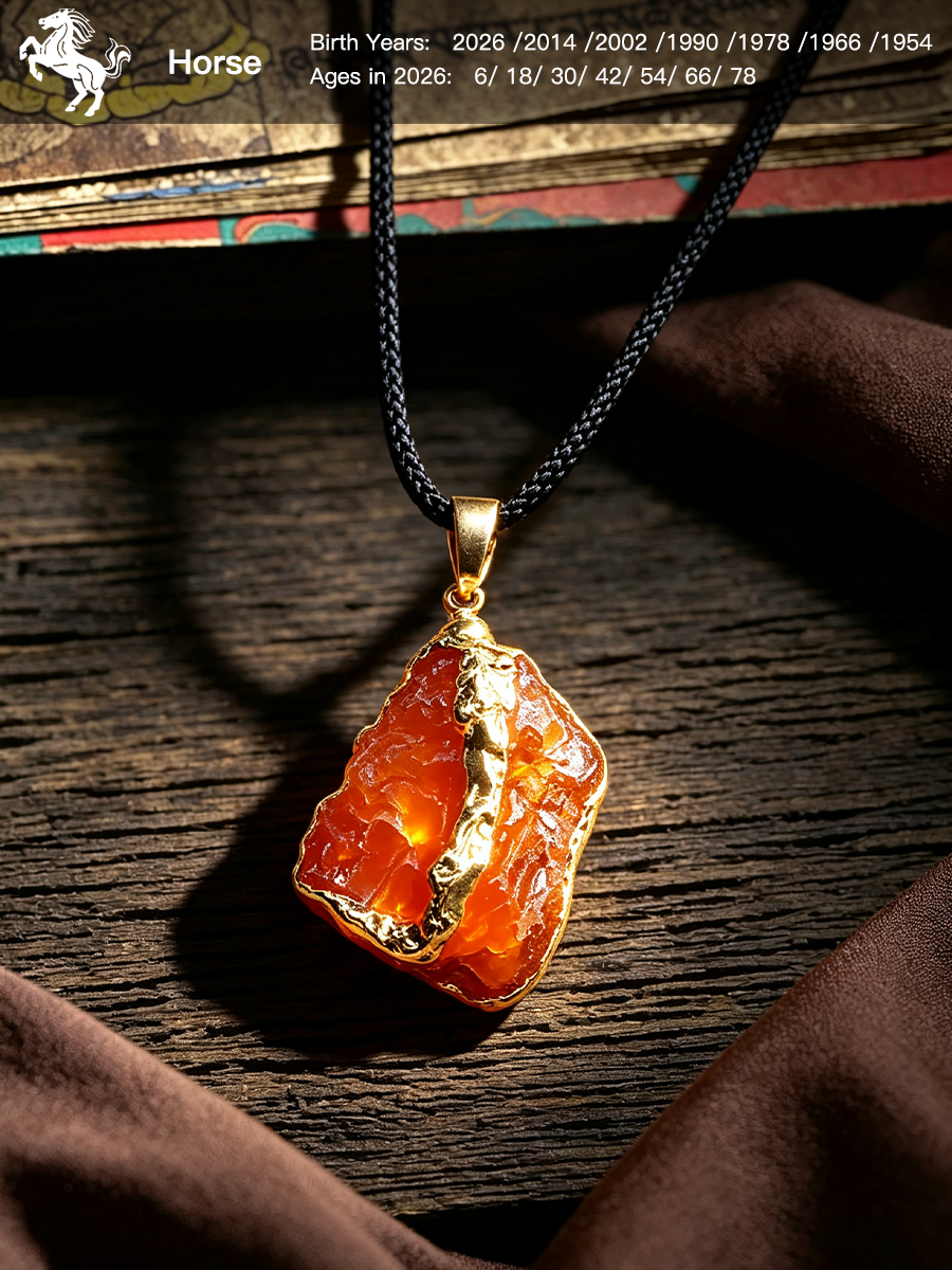 A raw orange-red stone pendant necklace with gold trim and a black braided cord, displayed on a dark wooden surface with draped brown fabric.