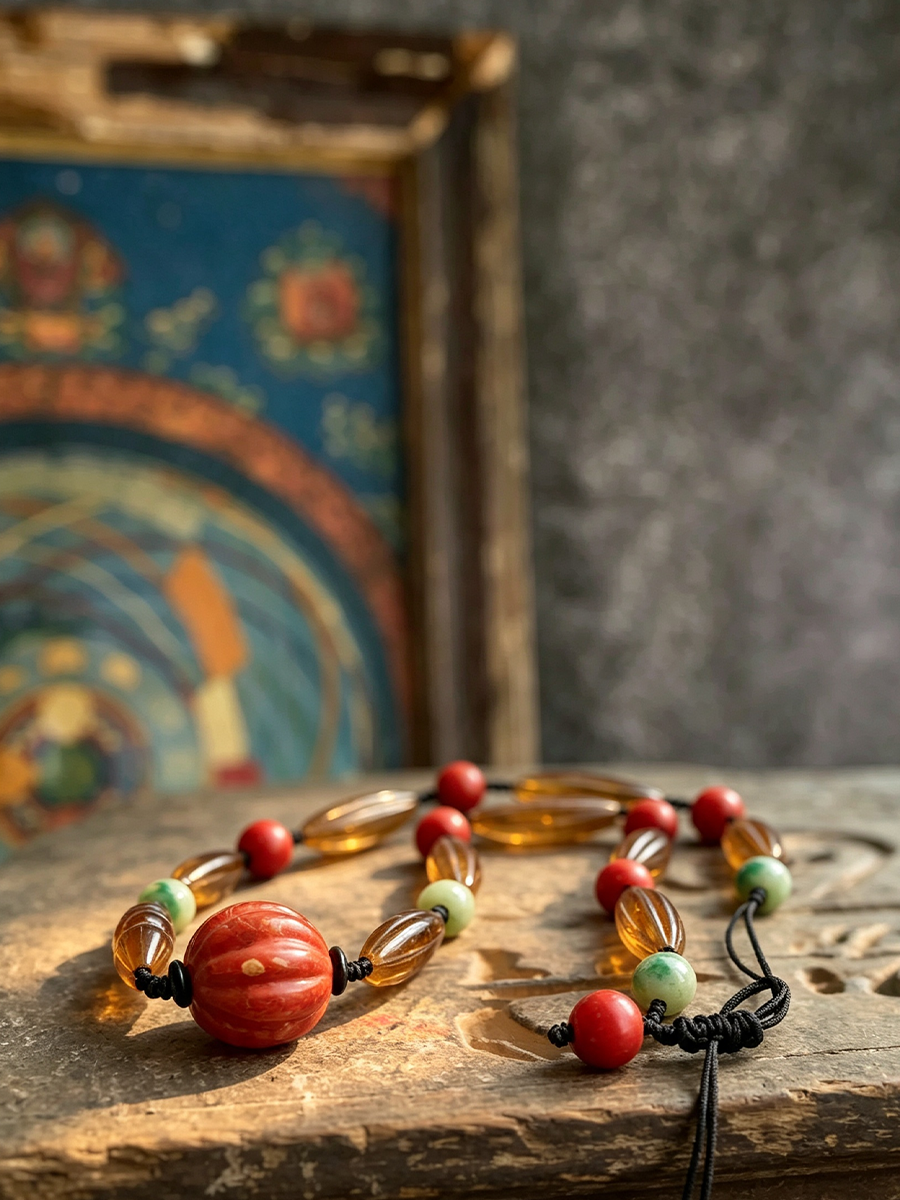 A beaded necklace with translucent amber beads, red round beads, and light green spacer beads, featuring a large carved red bead pendant, displayed on a rustic wooden surface with a blurred background.