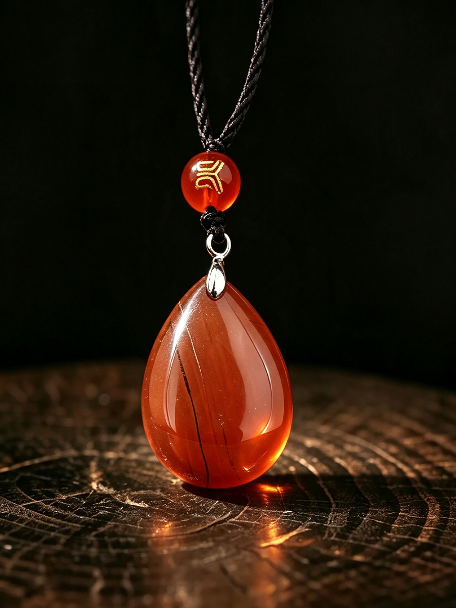A teardrop-shaped red agate pendant necklace with a small red bead featuring a gold symbol, suspended on a black cord, displayed on a dark wooden surface against a black background.