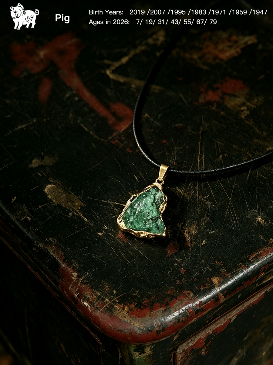 A raw green stone pendant necklace with a gold-toned bezel and black cord, displayed on a distressed dark wooden surface. The image includes a Pig logo and birth/age details in the top left corner.