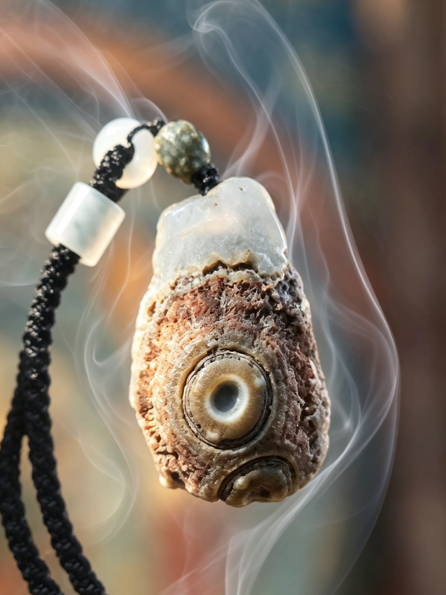 A close-up of a carved pendant or amulet with a textured organic shape, attached to a black cord with white and green beads, shown against a blurred warm background with visible smoke swirls.