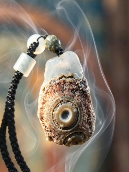 A close-up of a carved pendant or amulet with a textured organic shape, attached to a black cord with white and green beads, shown against a blurred warm background with visible smoke swirls.
