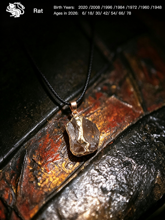 A pendant necklace featuring an irregular, polished brown gemstone with a rose gold bail, suspended from a black cord. The pendant is displayed on a textured, dark metallic surface with a warm, rusted coppery-brown sheen.