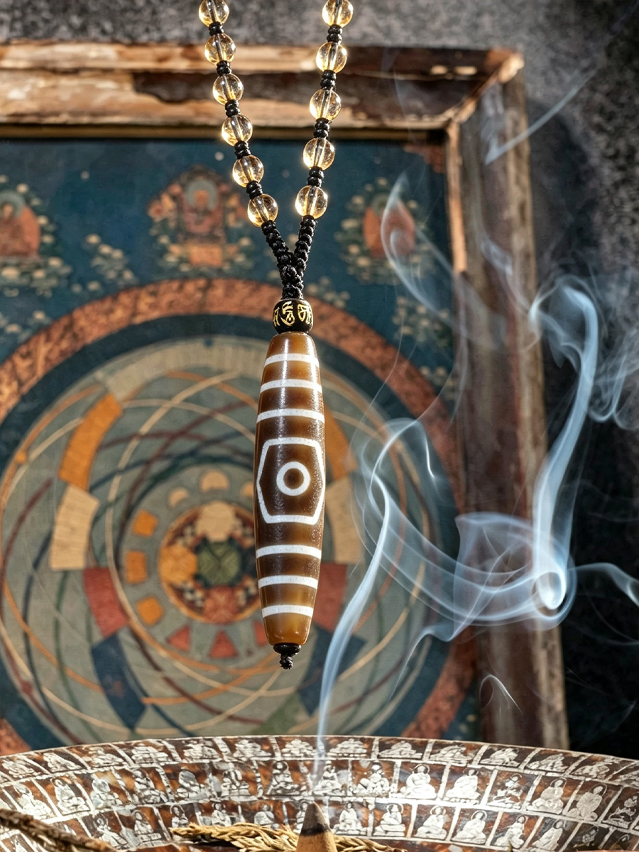 A beaded necklace with a central carved cylindrical pendant featuring white geometric markings, hanging in front of a colorful circular artwork and a smoking incense burner.
