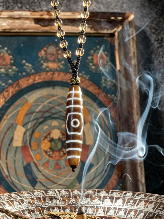 A beaded necklace with a central carved cylindrical pendant featuring white geometric markings, hanging in front of a colorful circular artwork and a smoking incense burner.
