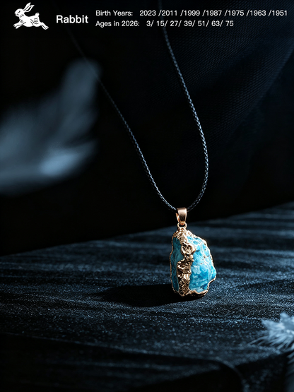 A pendant necklace featuring a raw turquoise-blue stone with rough metallic gold edges, suspended from a dark cord. The necklace is displayed against a dark textured fabric background.
