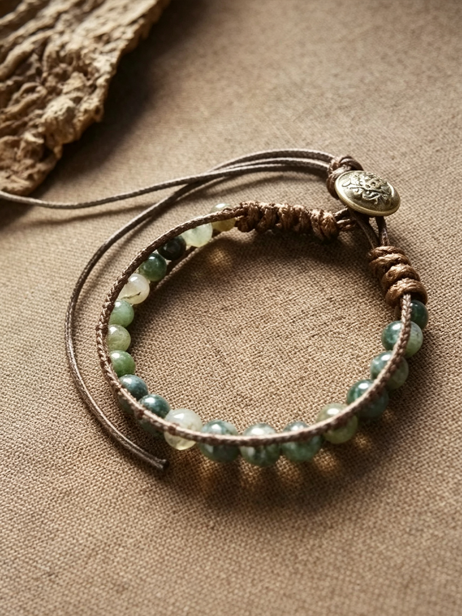 A bohemian-style multi-strand bracelet featuring green and white marbled beads on brown cord, with a small round metallic charm, displayed on a textured beige fabric background.