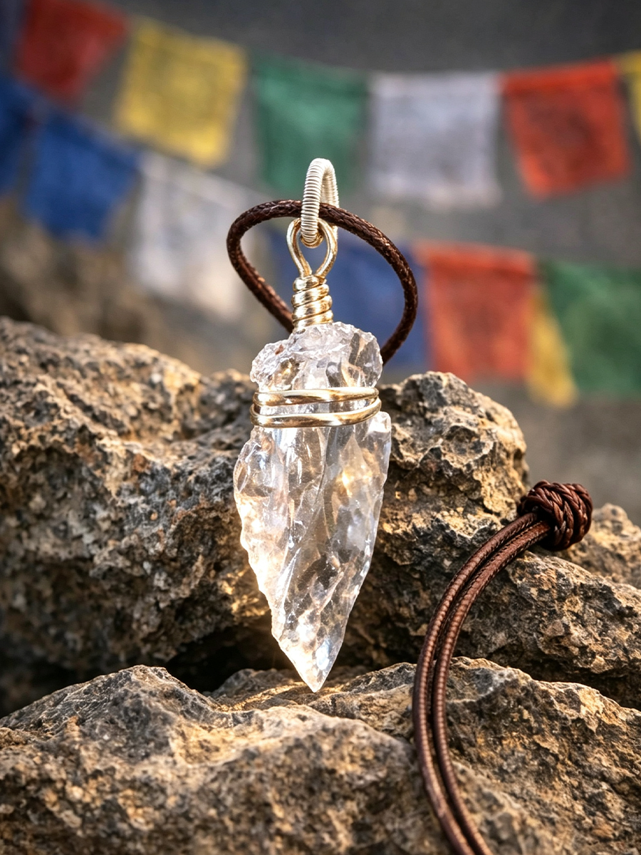 A clear faceted crystal point pendant with a silver wire wrap and a dark brown cord, displayed on rough rocks with colorful blurred prayer flags in the background.