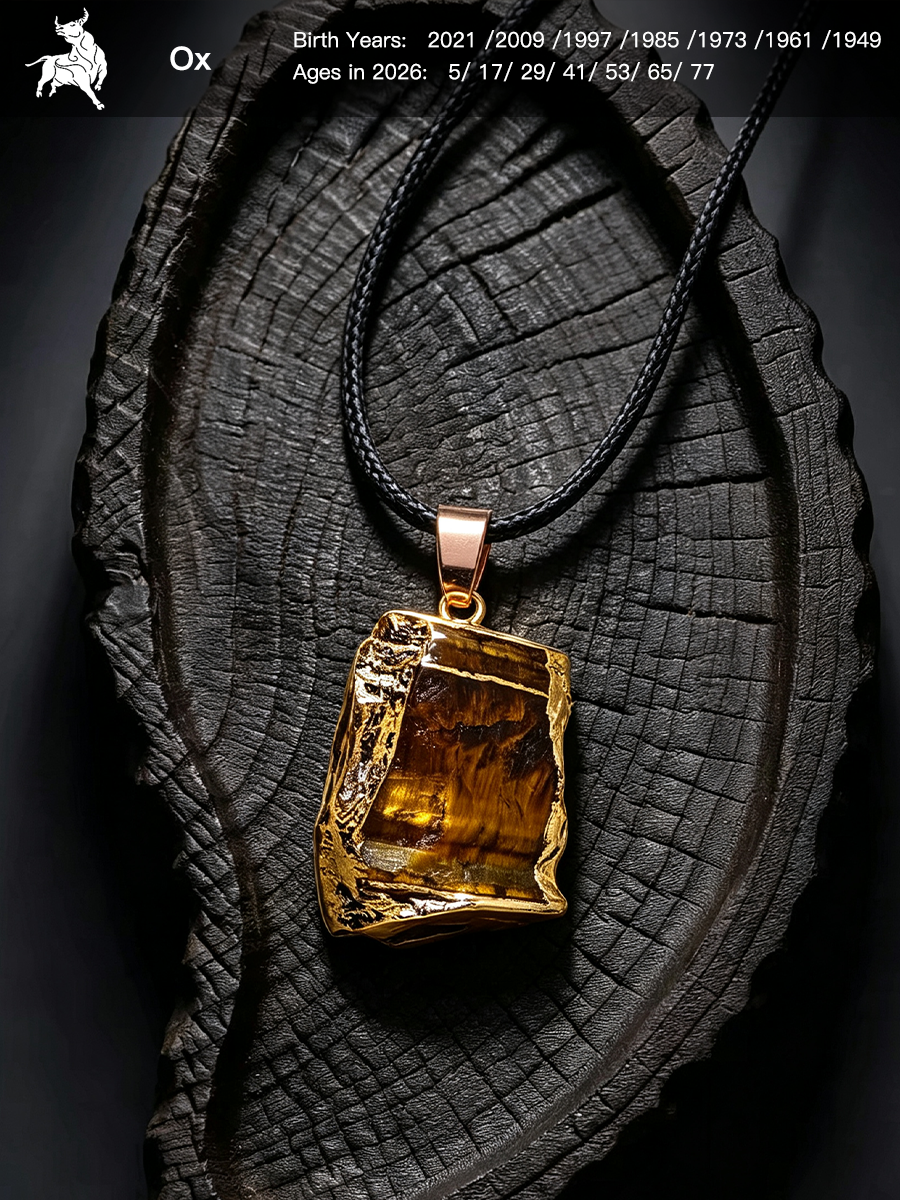 A raw amber stone pendant necklace with a gold-toned bezel and black cord, displayed on a dark textured wood slice background. The top of the image features a black banner with the brand logo 'Ox' and birth years/ages text.