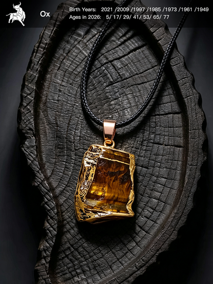 A raw amber stone pendant necklace with a gold-toned bezel and black cord, displayed on a dark textured wood slice background. The top of the image features a black banner with the brand logo 'Ox' and birth years/ages text.