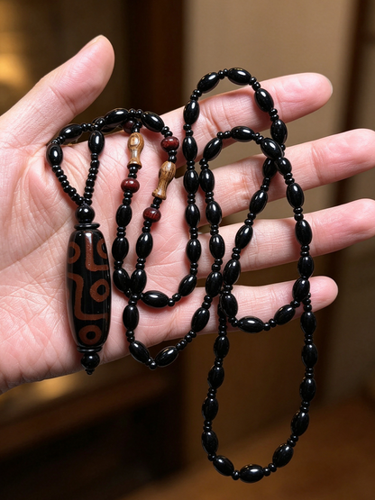 A hand holding a long black beaded necklace with a large dark stone pendant featuring brown and black circular patterns, with a few small brown accent beads.