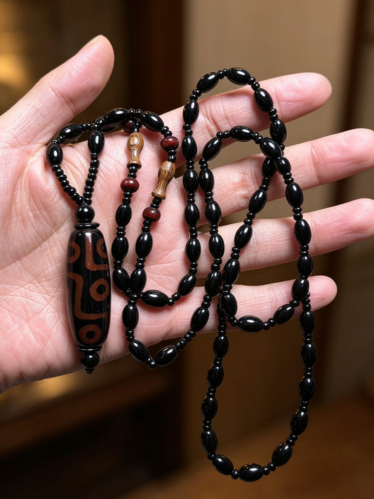 A hand holding a long black beaded necklace with a large dark stone pendant featuring brown and black circular patterns, with a few small brown accent beads.