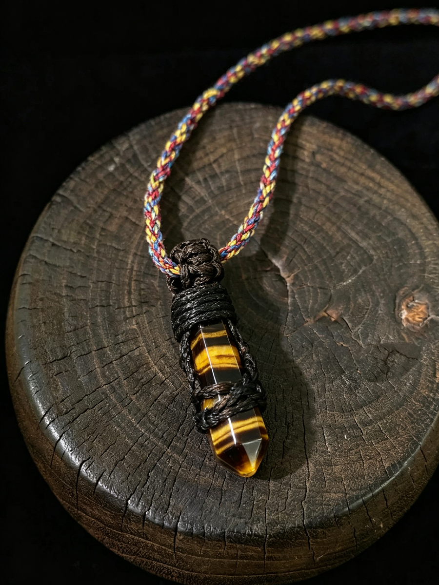 A handmade pendant necklace featuring a polished tiger's eye stone wrapped in black cord, resting on a dark wood slice against a black background.