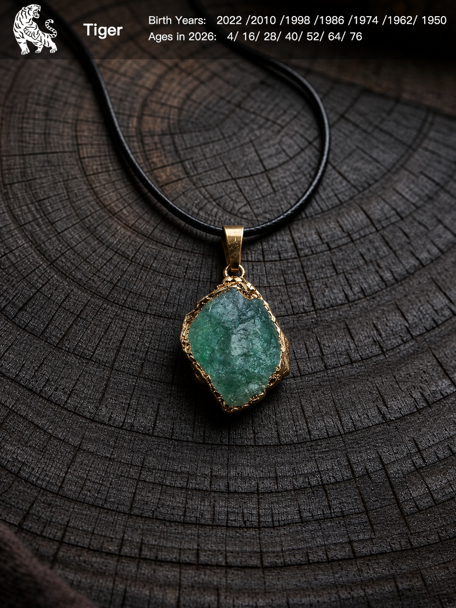 A raw green stone pendant necklace with a gold-toned bezel and black cord, displayed on a dark wood slice background. The image includes a Tiger logo and birth/ages text overlay in the top left corner.