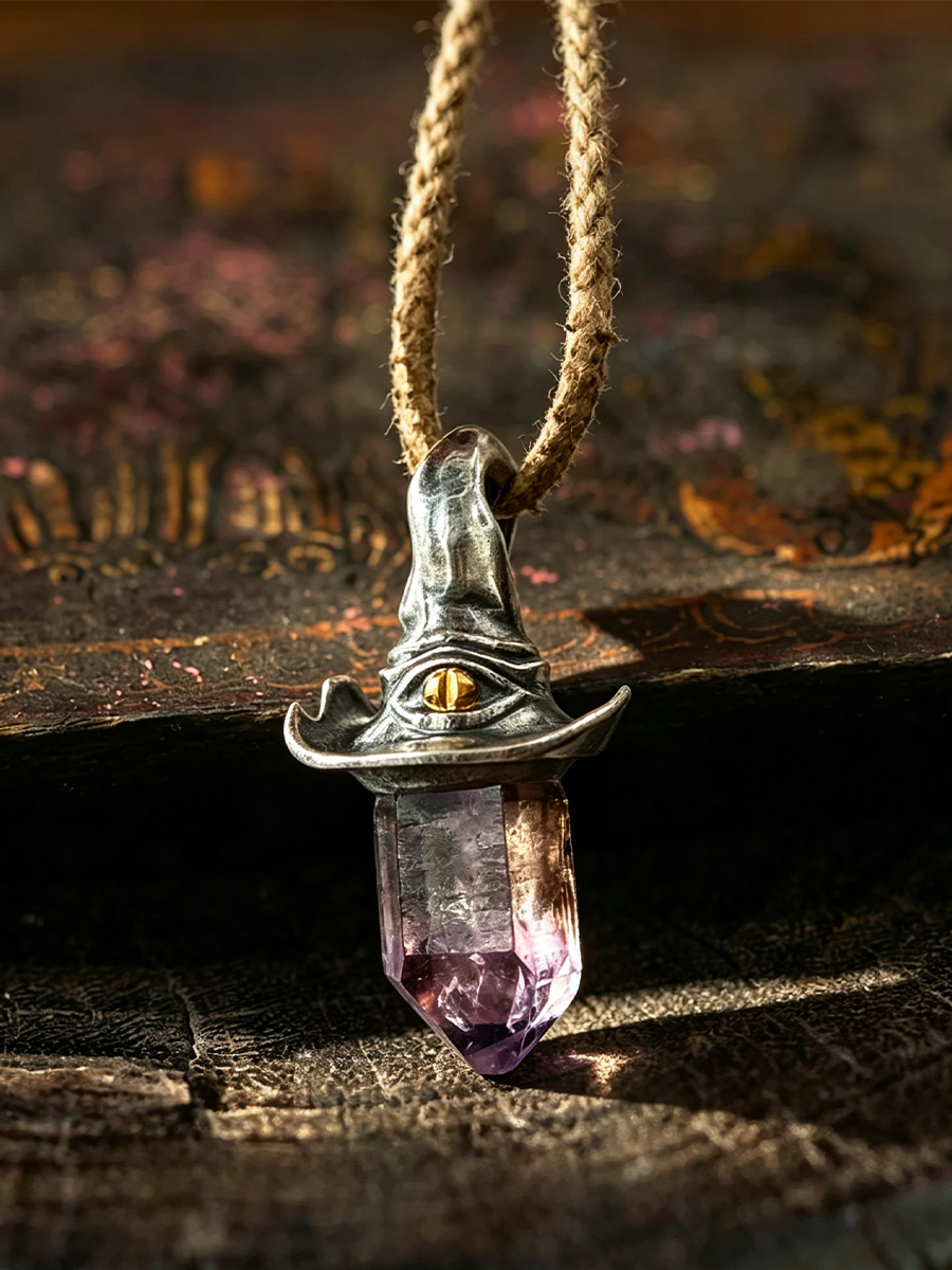 A witch-hat-shaped pendant necklace made of silver-toned metal with a single gold eye detail and a purple crystal hanging below, suspended from a tan rope on a dark textured surface.