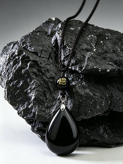 A black teardrop pendant necklace with a black cord, resting on a textured black rock. The pendant features a polished glossy finish and a small gold accent bead with a Chinese character near the top.