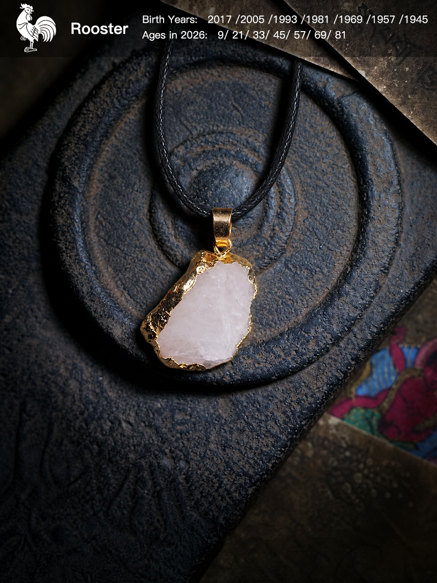A Rooster brand pendant necklace featuring a raw, irregular pale pink stone with gold-toned metal edges, suspended from a black cord on a dark textured circular surface.