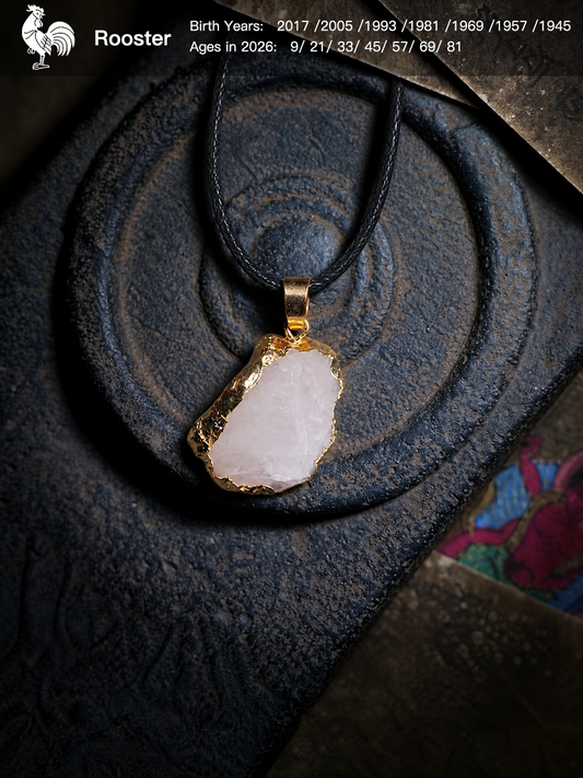 A Rooster brand pendant necklace featuring a raw, irregular pale pink stone with gold-toned metal edges, suspended from a black cord on a dark textured circular surface.