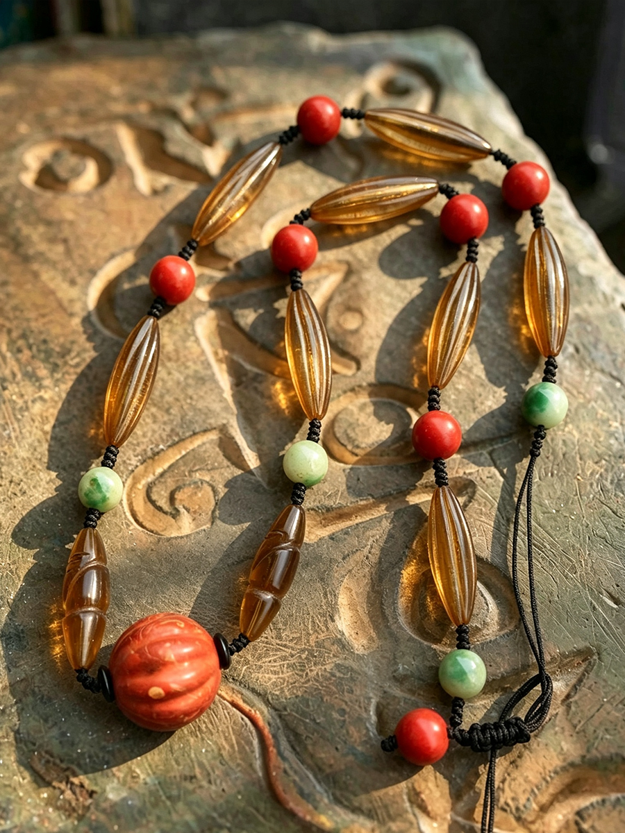 A beaded necklace with translucent amber glass beads, red round beads, light green beads, and a large carved orange-red bead at the end, displayed on a textured stone surface.