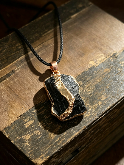 A raw black stone pendant necklace with a rose gold bail and black cord, resting on a rustic dark wood surface.