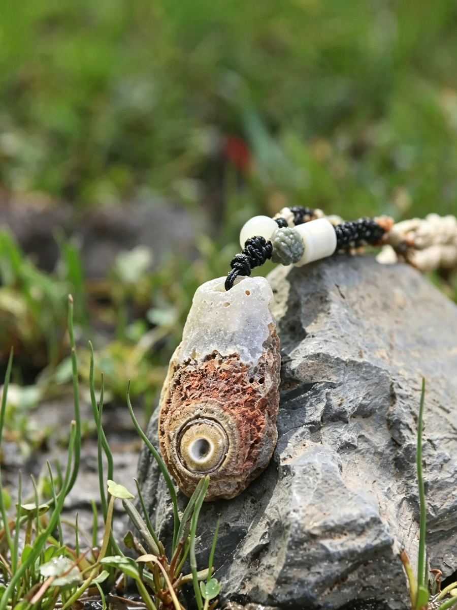 A beaded necklace with a natural shell pendant resting on a gray rock with green grass in the background.