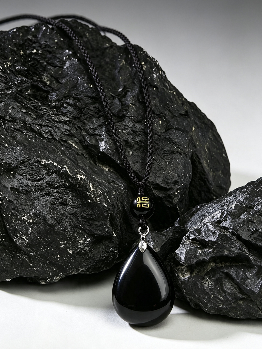 A black teardrop pendant necklace with a black braided cord, resting on dark textured rocks against a light gray background.