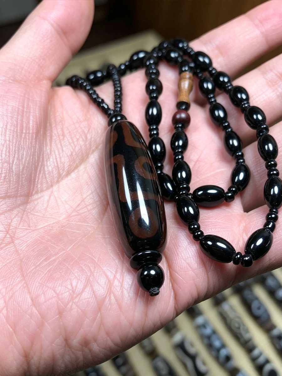 A close-up of a hand holding a black beaded necklace with a large polished dark brown and black patterned central bead.