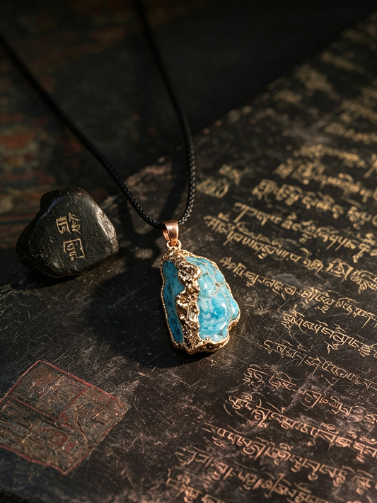 A raw turquoise-blue gemstone pendant necklace with a rose gold and gold textured metal frame, hanging on a black cord next to a small black stone over an antique book with gold script.