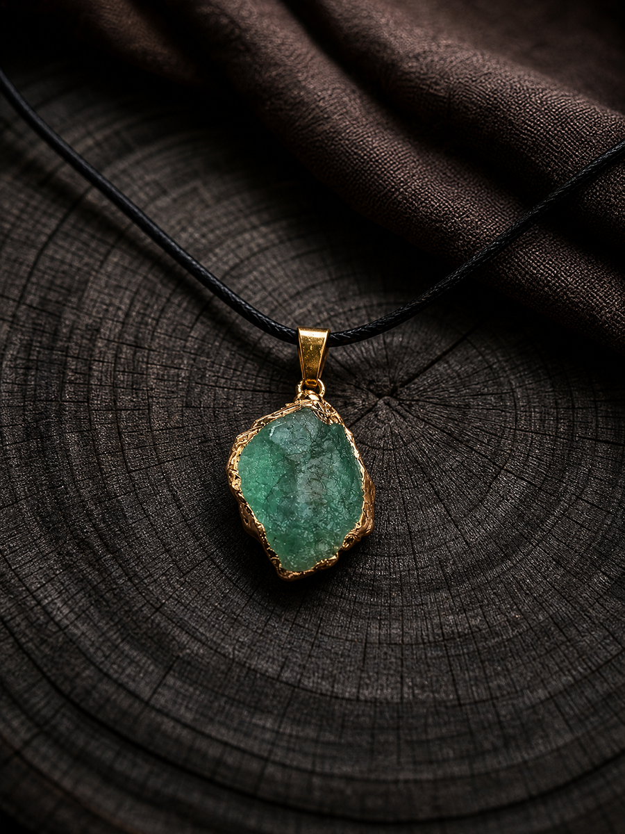 A raw green stone pendant with a gold-toned border, suspended on a black cord necklace, displayed on a dark wood slice background.