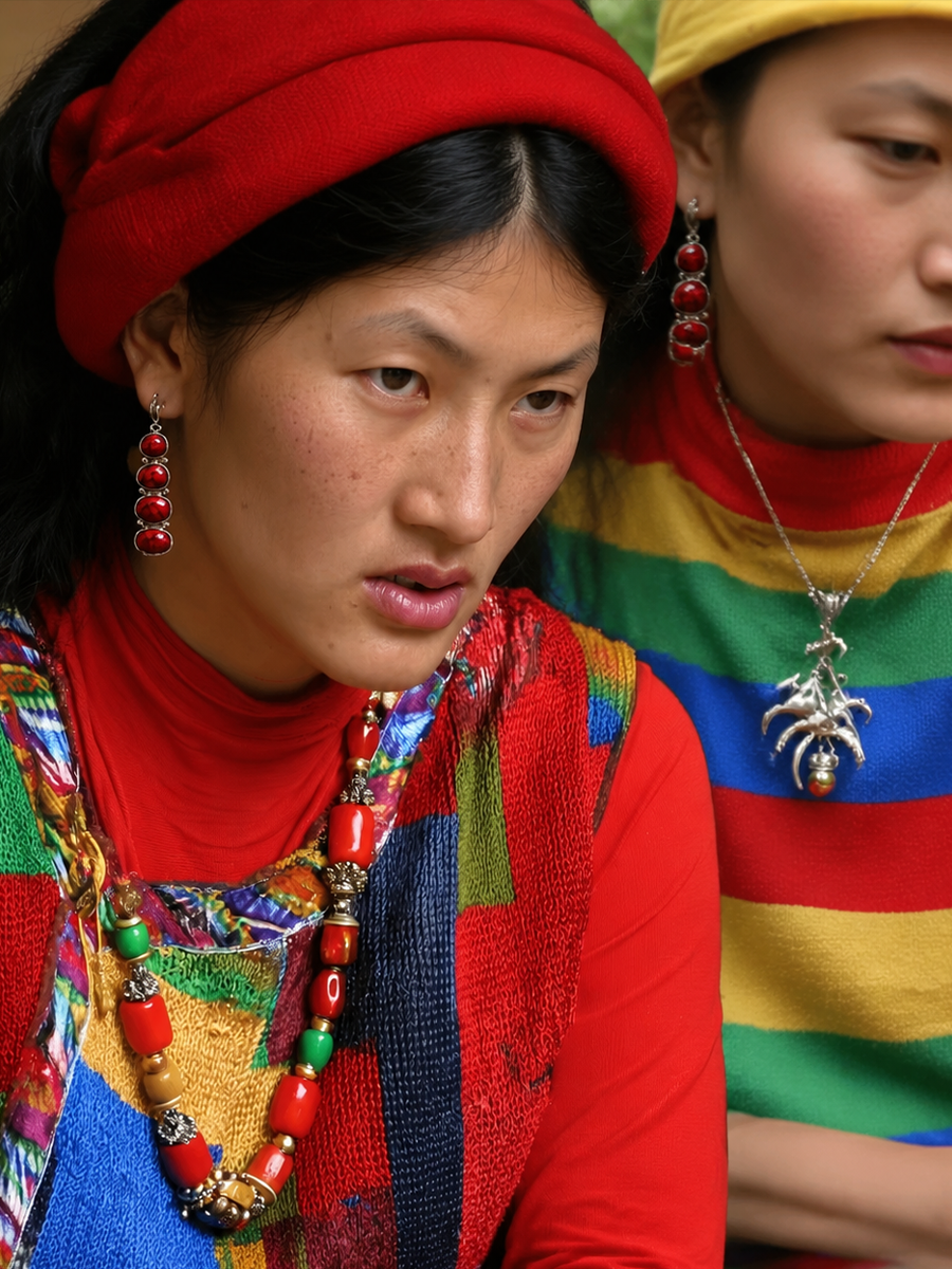 A close-up lifestyle shot of a woman wearing traditional Tibetan attire, featuring a bright red headwrap, a red turtleneck, a multicolored patterned shawl, and red beaded necklaces and earrings. Another woman in a yellow hat is partially visible in the background.