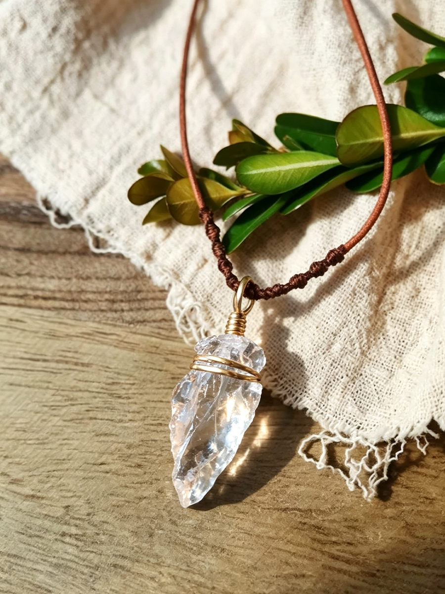 A clear crystal point pendant necklace on a brown cord with a gold wire wrap, styled on a rustic wooden surface with a cream linen cloth and green leaves.