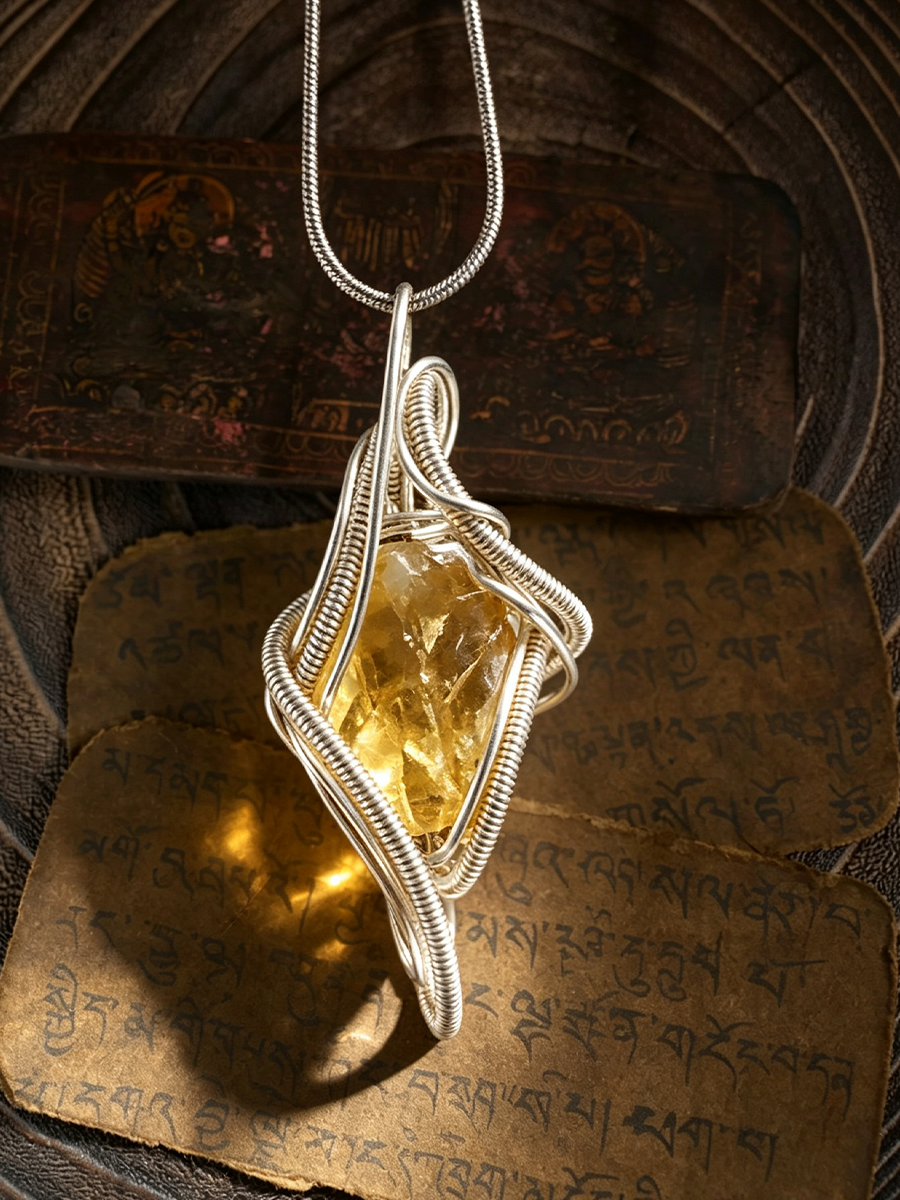 A silver wire-wrapped pendant necklace featuring a faceted yellow crystal, displayed on a dark textured surface with Tibetan script cards in the background.