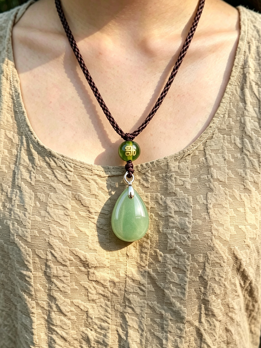 A close-up of a person wearing a necklace with a dark brown braided cord, a small green bead with gold Chinese characters, and a large light green teardrop pendant.