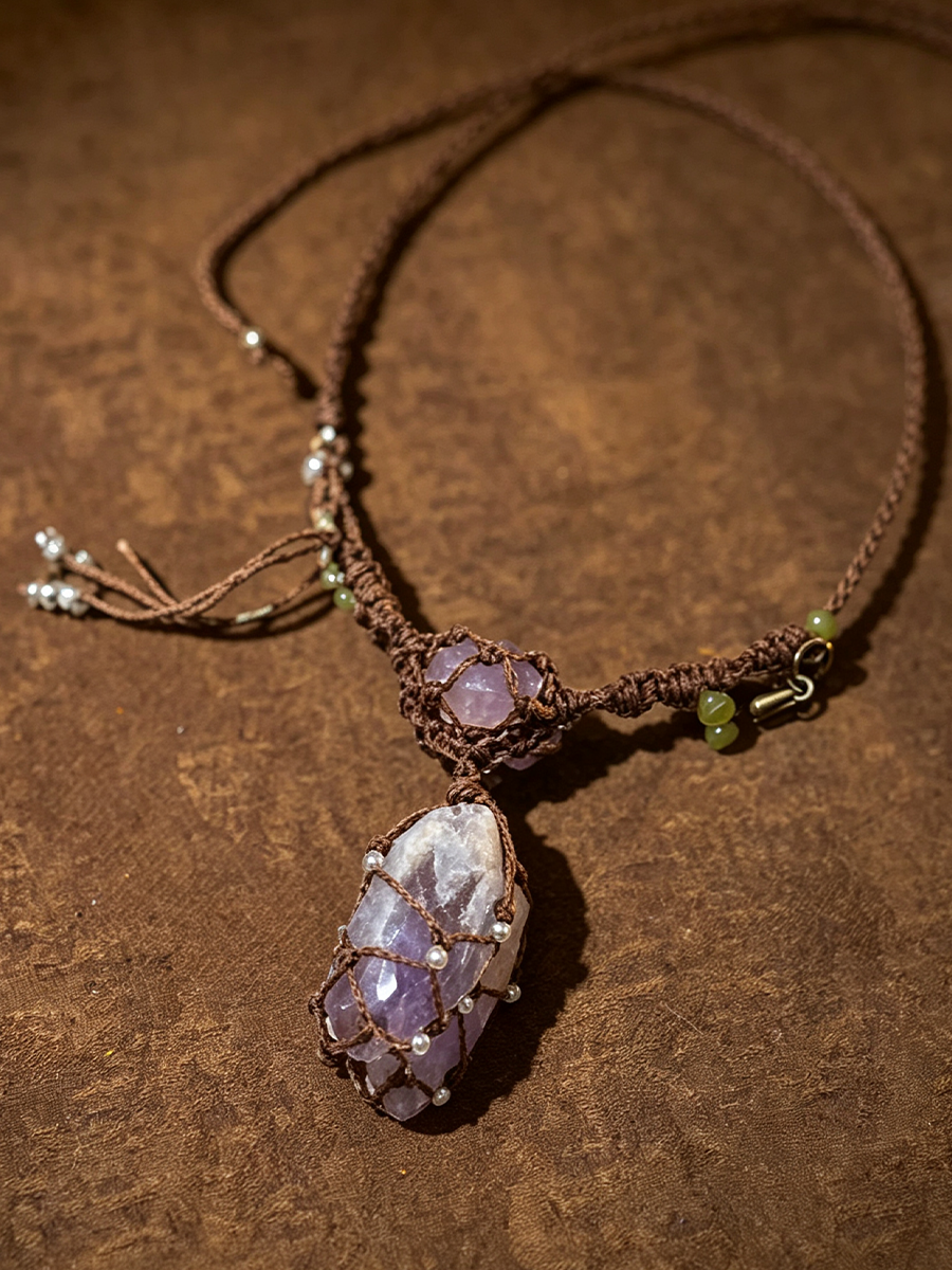 A handmade brown macrame necklace featuring a large, raw purple amethyst crystal pendant wrapped in silver-toned wire, displayed on a textured brown surface.