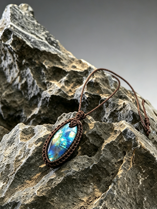 A handmade oval pendant necklace featuring a vibrant blue and green iridescent stone set in a dark brown braided cord, displayed on a textured gray rock.
