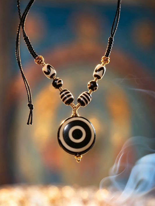 A black cord necklace with a large circular black-and-white evil eye pendant and striped beads, shown against a warm, blurred background with soft smoke.
