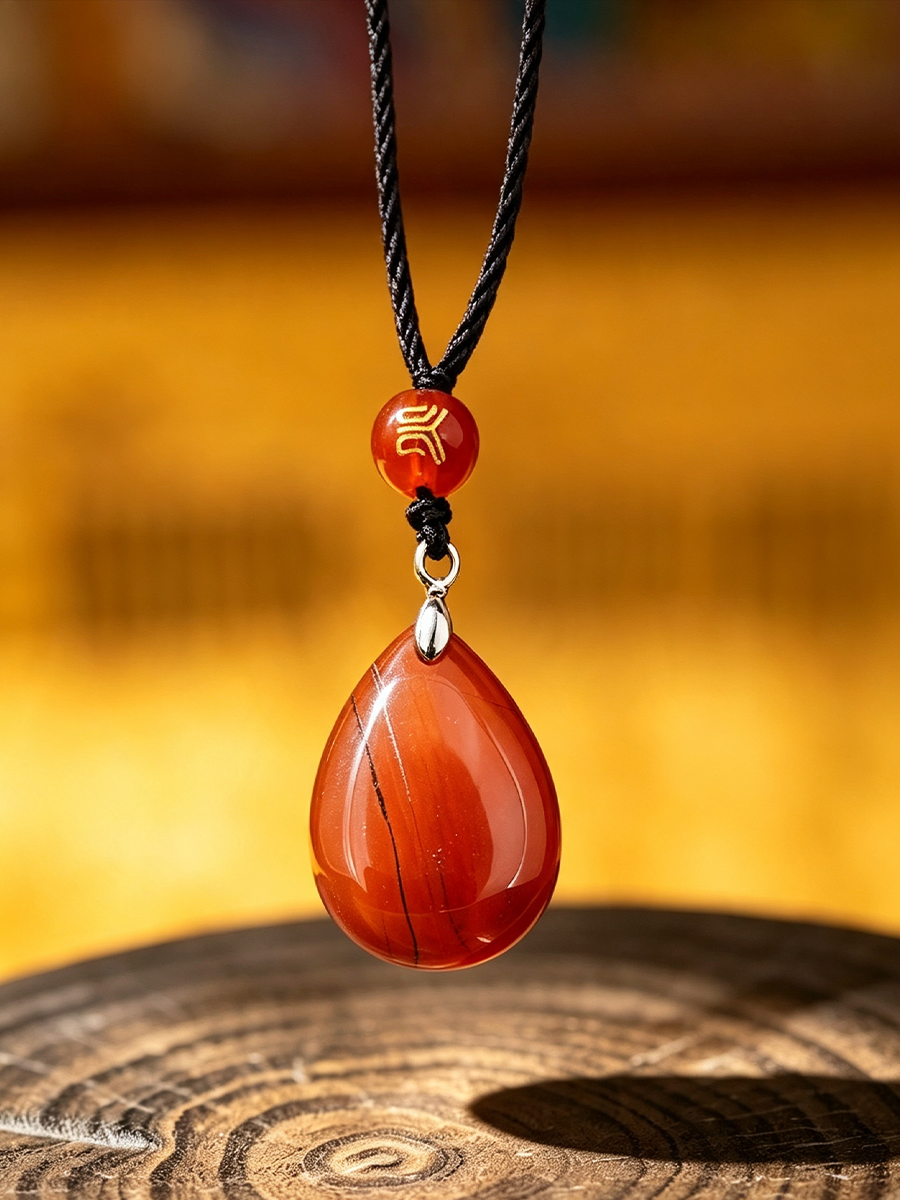 A teardrop-shaped red agate pendant necklace with a black cord and a small red bead featuring a gold symbol, displayed against a warm, blurred background.