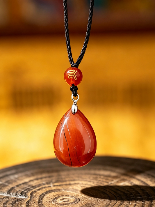 A teardrop-shaped red agate pendant necklace with a black cord and a small red bead featuring a gold symbol, displayed against a warm, blurred background.