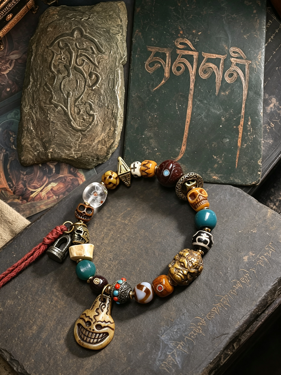 A beaded bracelet with a carved skull charm, turquoise beads, skull beads, and a red tassel, displayed on a dark stone surface next to Tibetan books.