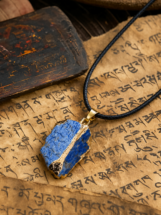 A blue stone pendant necklace with gold trim and a black cord, displayed on an aged script-covered surface next to a dark wooden object.