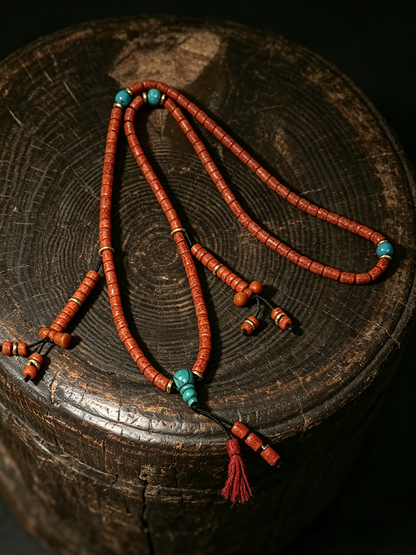 A beaded necklace made of reddish-orange cylindrical beads with turquoise blue spacer beads and a red tassel, displayed on a dark rustic wooden log.