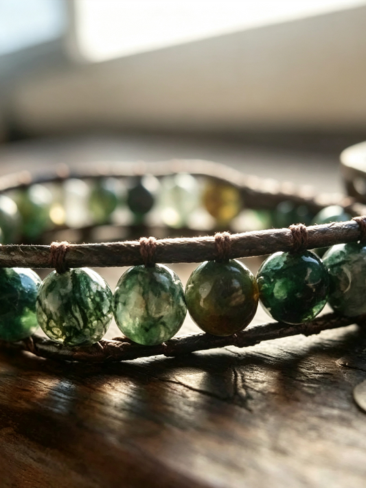 A close-up of a handmade beaded bracelet featuring green marbled glass beads threaded onto a rustic brown twig wrap, resting on a dark wooden surface.