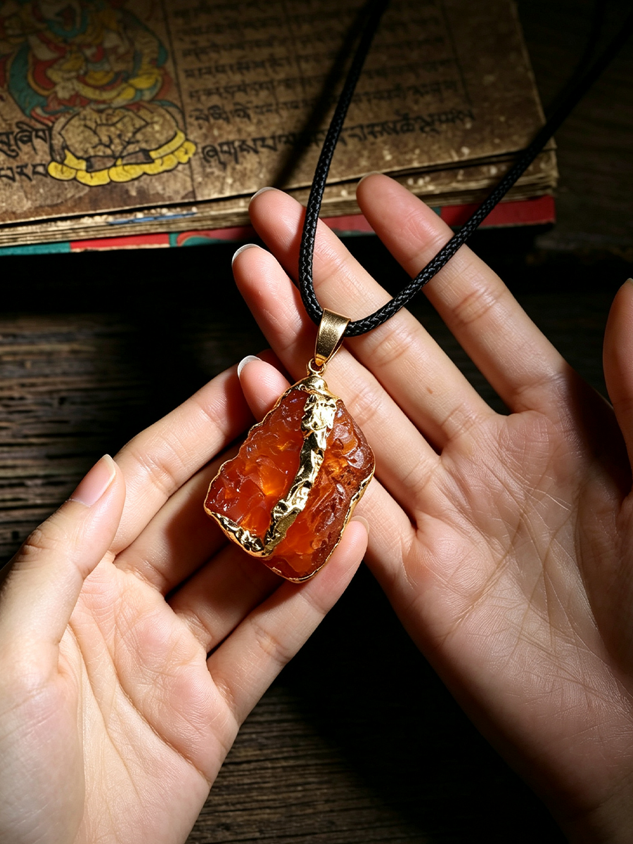 A person's hands holding a raw orange stone pendant necklace with gold trim and a black cord, set against a dark wooden background with an antique book.