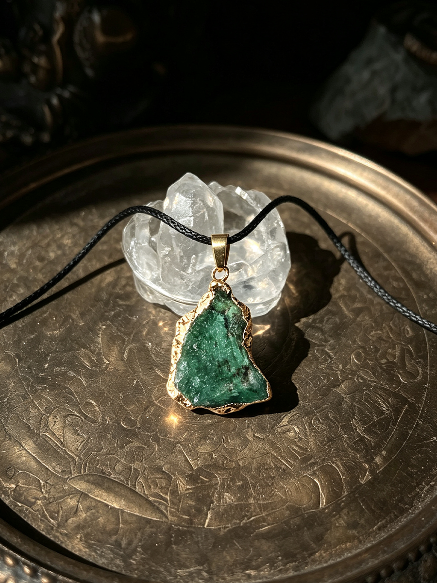 A raw green stone pendant necklace with a gold bezel setting and black cord, displayed on a clear quartz crystal cluster over an engraved bronze tray.