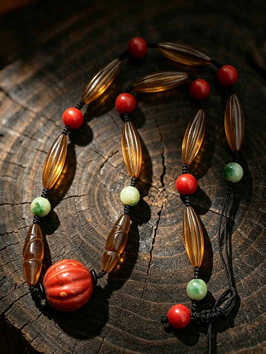 A beaded necklace with translucent amber glass beads, red round beads, and green and orange accent beads, displayed on a textured dark wood surface.